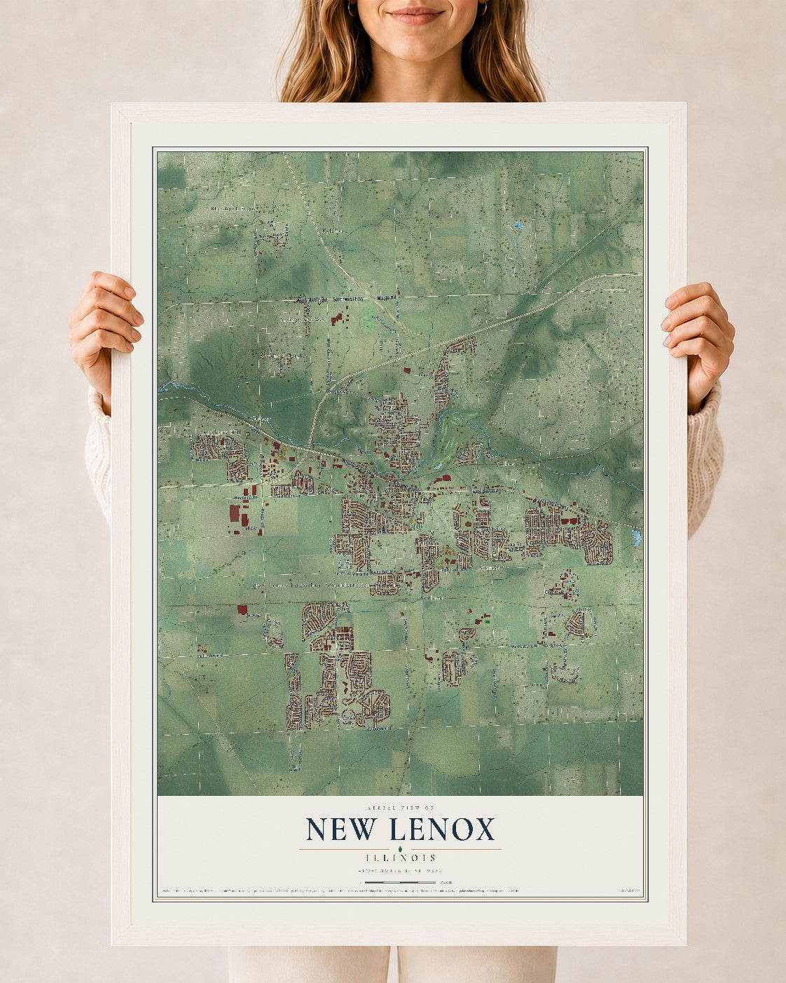 Map of New Lenox, Illinois, 24 x 36 inch print in a white wood frame