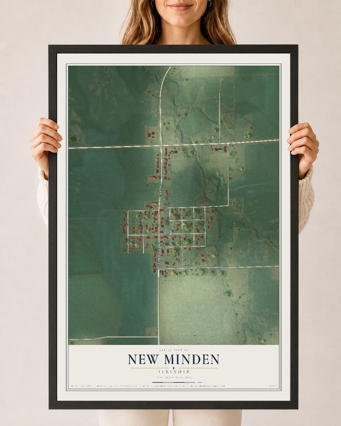Map of New Minden, Illinois, 24 x 36 inch print in a black wood frame
