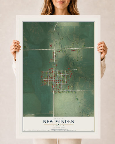 Map of New Minden, Illinois, 24 x 36 inch print in a white wood frame