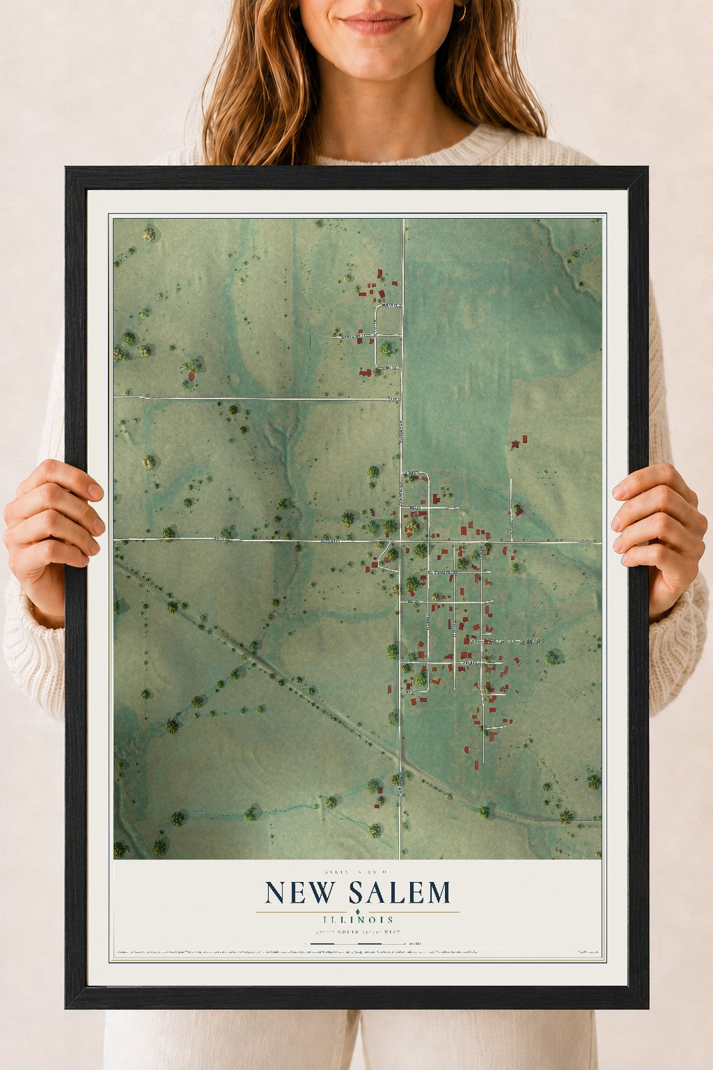 Map of New Salem, Illinois, 18 x 24 inch print in a black wood frame