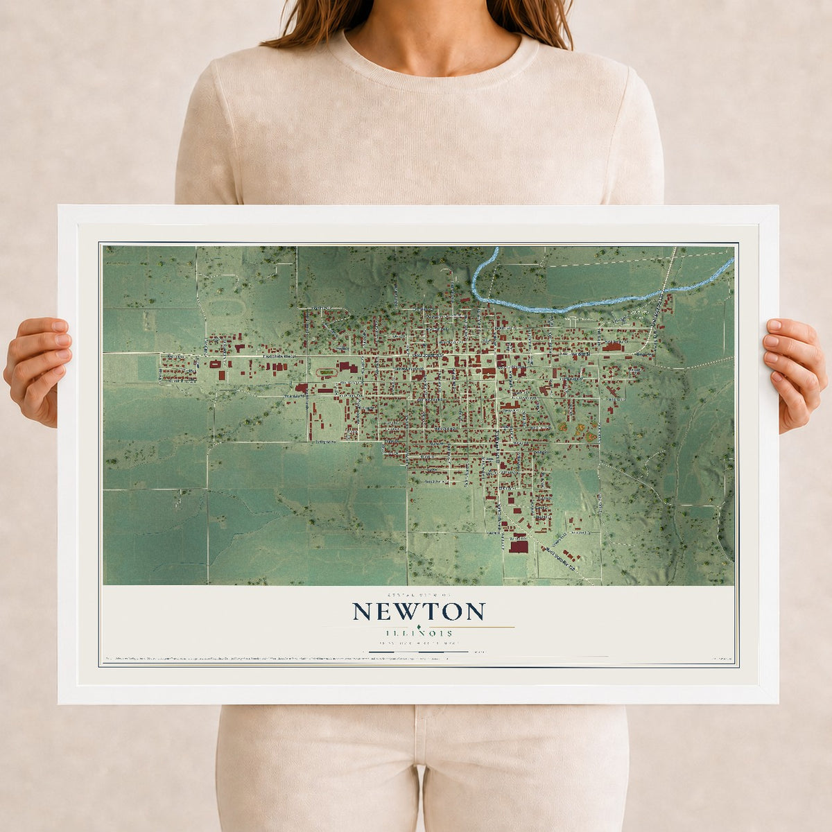 Map of Newton, Illinois, 12 x 18 inch print in a white wood frame