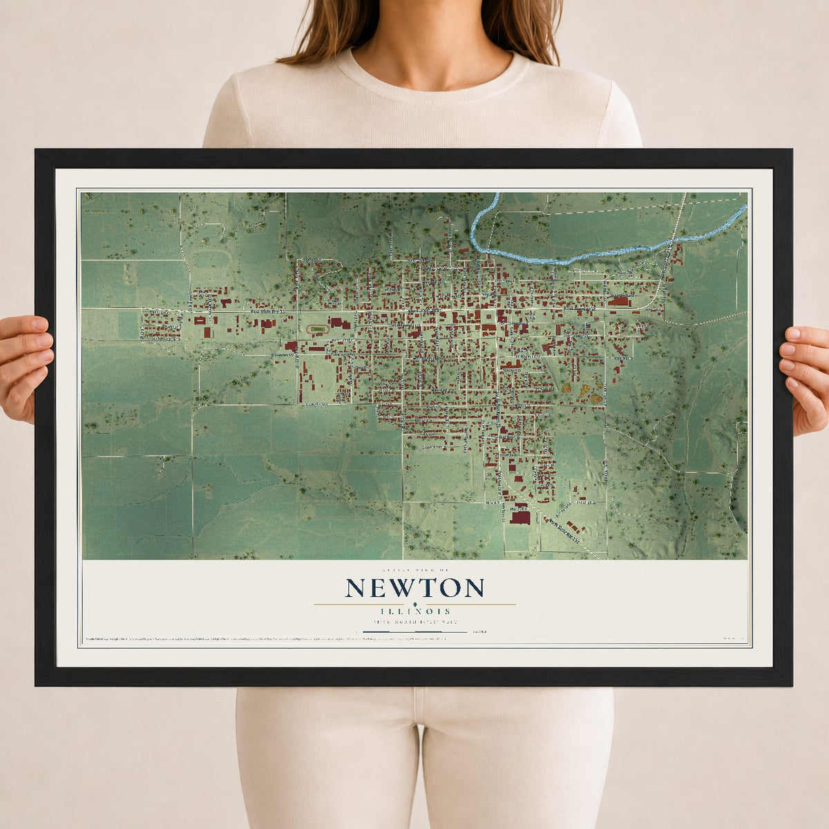 Map of Newton, Illinois, 18 x 24 inch print in a black wood frame