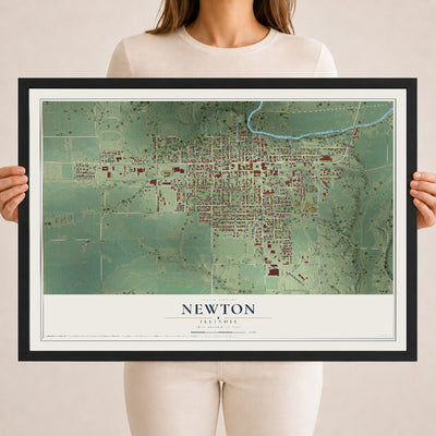 Map of Newton, Illinois, 18 x 24 inch print in a black wood frame