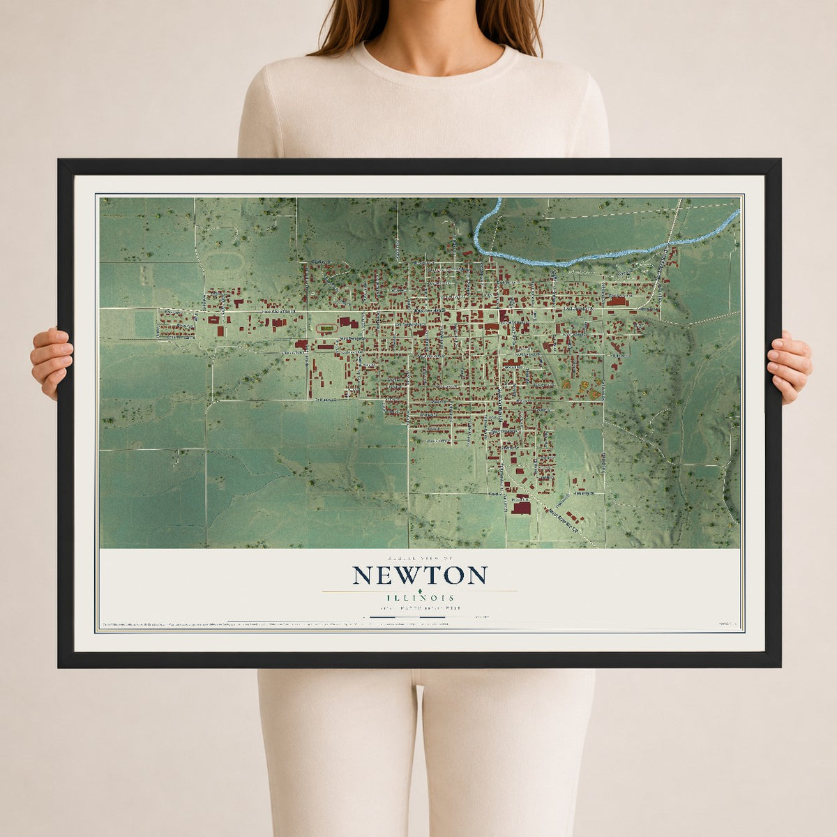 Map of Newton, Illinois, 24 x 36 inch print in a black wood frame