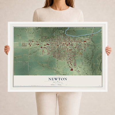 Map of Newton, Illinois, 24 x 36 inch print in a white wood frame