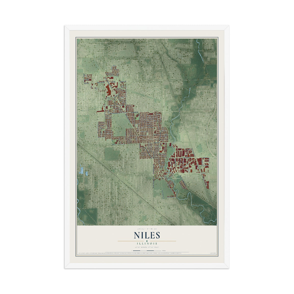Map of Niles, Illinois, 12 x 18 inch print in a white wood frame