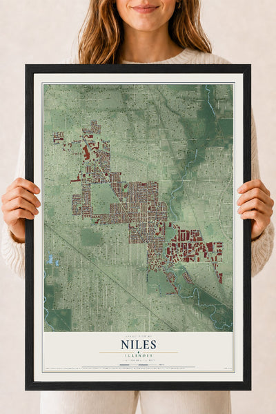 Map of Niles, Illinois, 18 x 24 inch print in a black wood frame