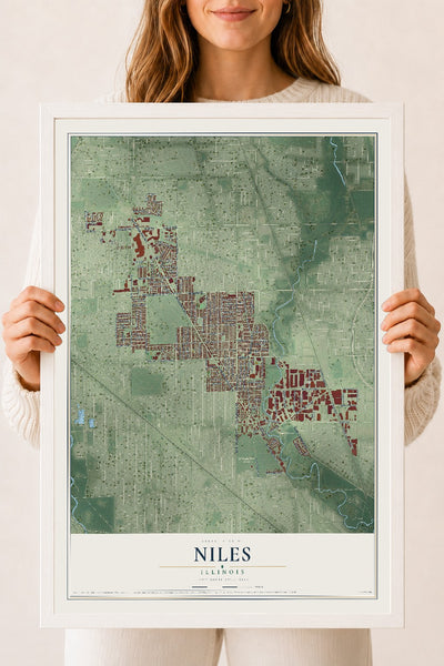 Map of Niles, Illinois, 18 x 24 inch print in a white wood frame
