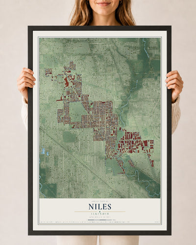 Map of Niles, Illinois, 24 x 36 inch print in a black wood frame