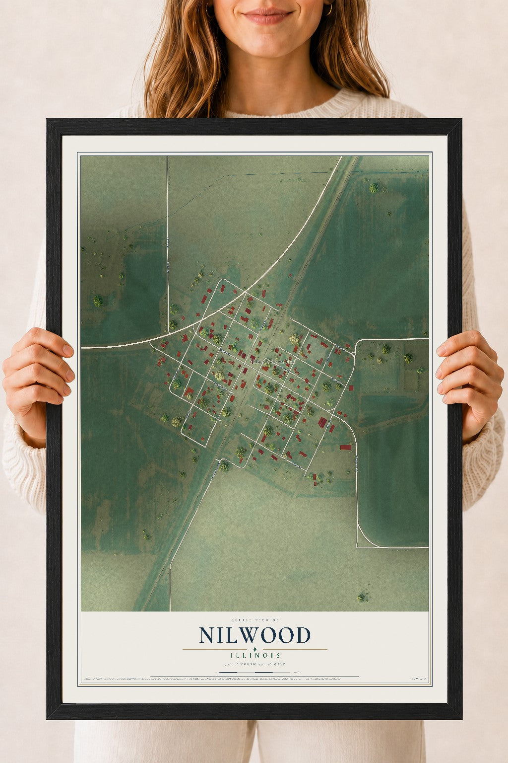 Map of Nilwood, Illinois, 18 x 24 inch print in a black wood frame