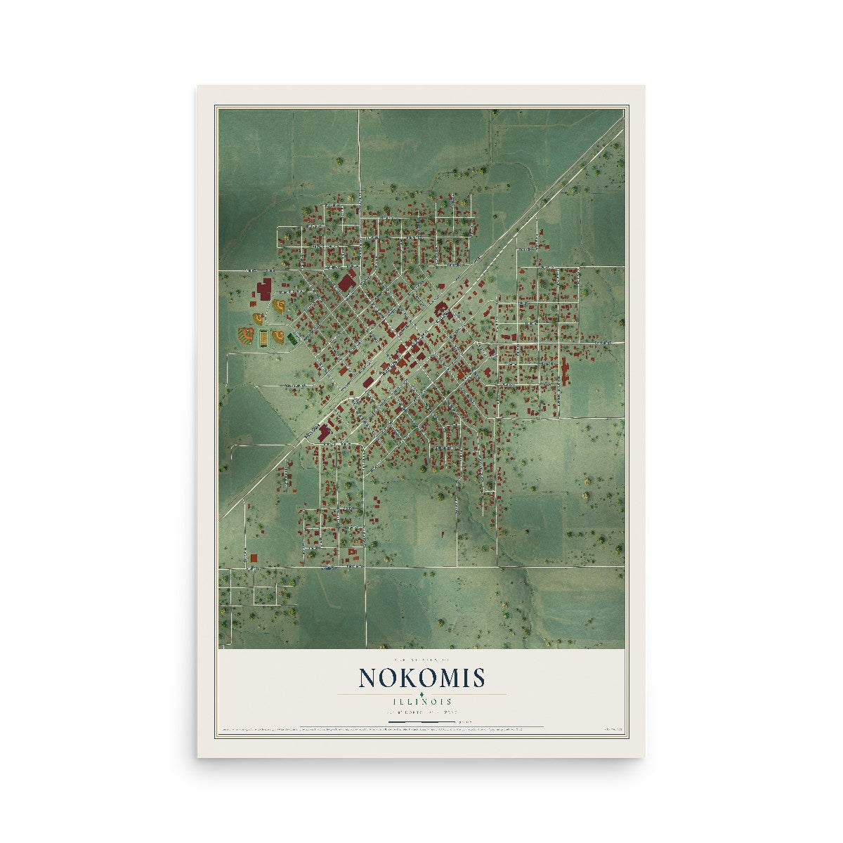 Map of Nokomis, Illinois, 12 x 18 inch unframed archival matte print