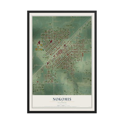 Map of Nokomis, Illinois, 12 x 18 inch print in a black wood frame