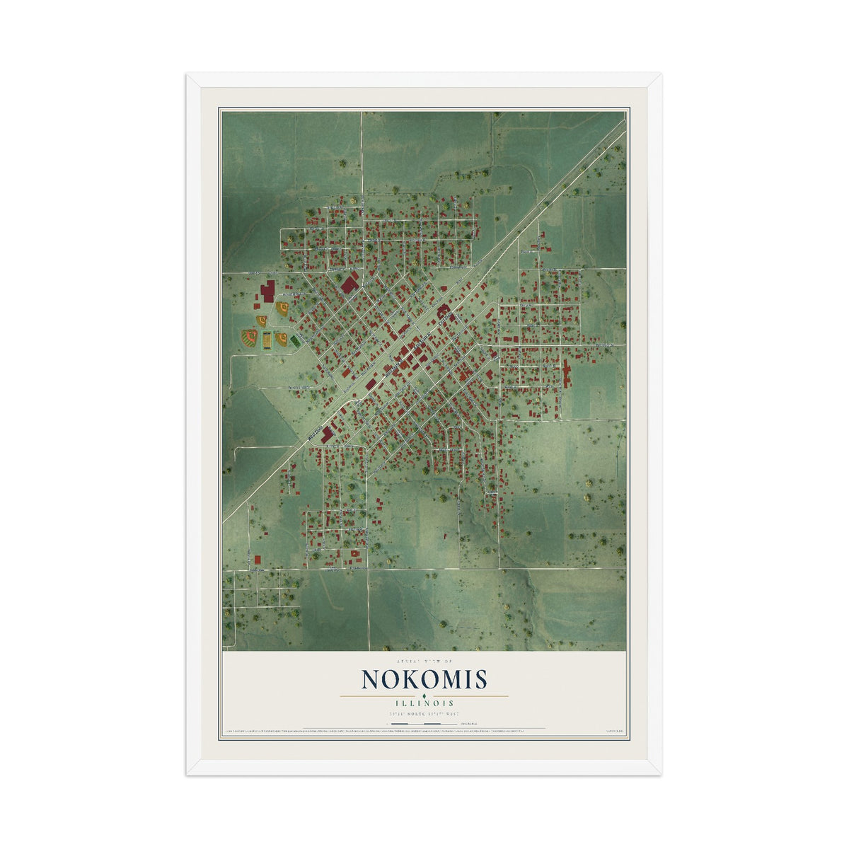 Map of Nokomis, Illinois, 12 x 18 inch print in a white wood frame