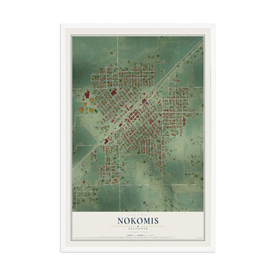 Map of Nokomis, Illinois, 12 x 18 inch print in a white wood frame