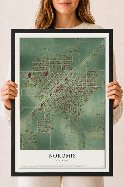 Map of Nokomis, Illinois, 18 x 24 inch print in a black wood frame