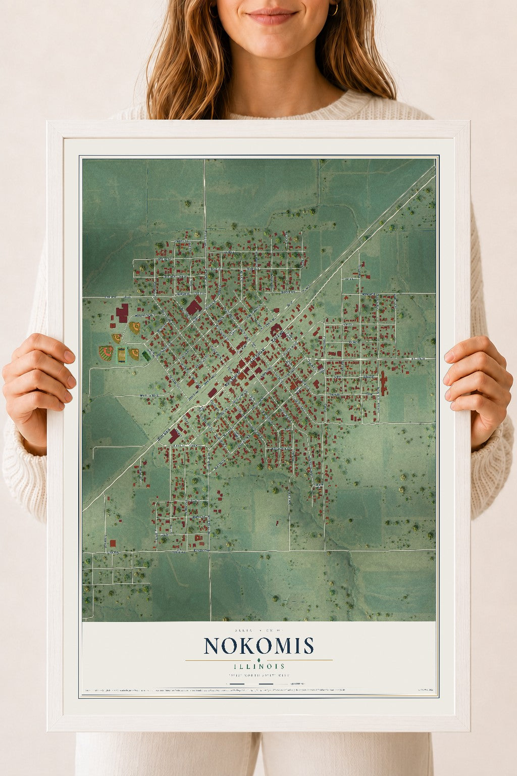 Map of Nokomis, Illinois, 18 x 24 inch print in a white wood frame