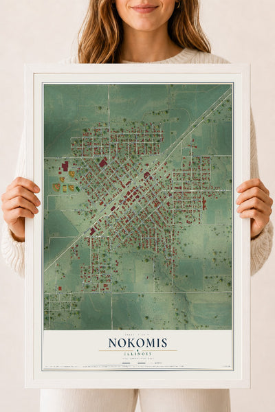 Map of Nokomis, Illinois, 18 x 24 inch print in a white wood frame