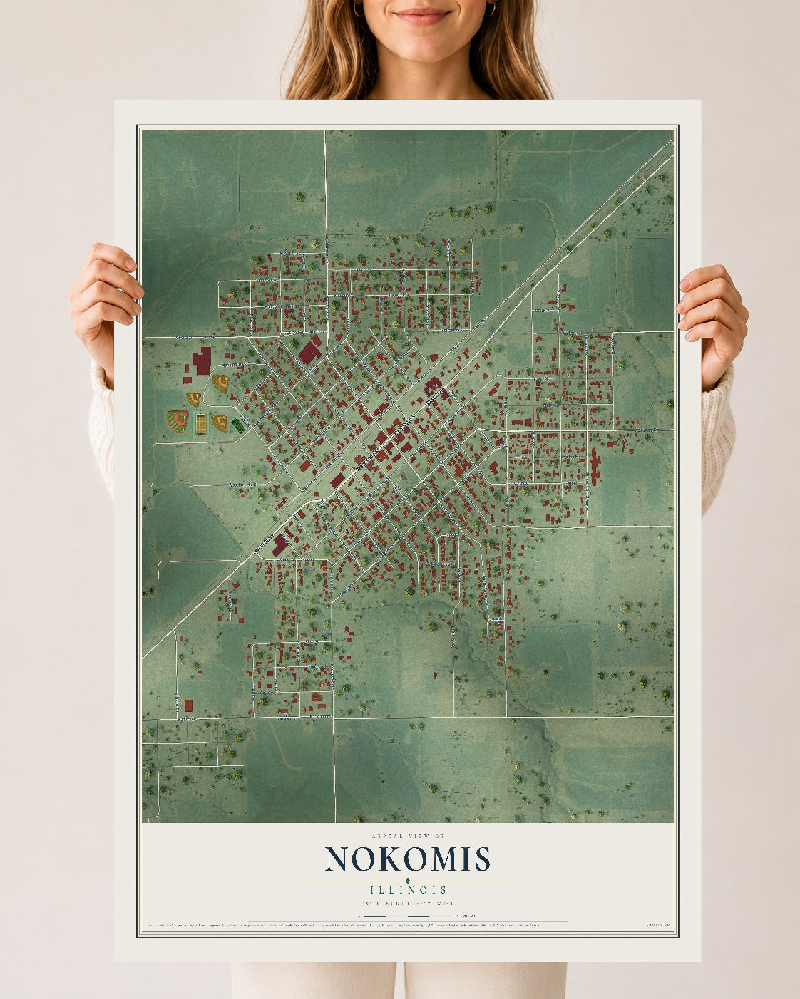 Map of Nokomis, Illinois, 24 x 36 inch unframed archival matte print