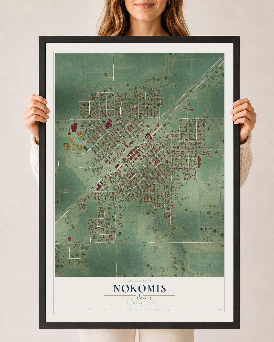 Map of Nokomis, Illinois, 24 x 36 inch print in a black wood frame