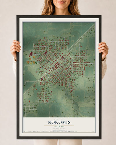 Map of Nokomis, Illinois, 24 x 36 inch print in a black wood frame