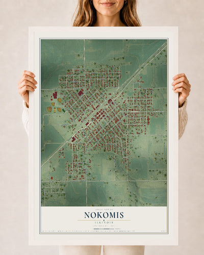 Map of Nokomis, Illinois, 24 x 36 inch print in a white wood frame