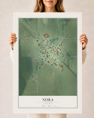 Map of Nora, Illinois, 24 x 36 inch print in a white wood frame