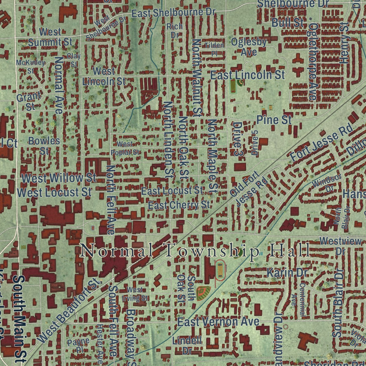 Close-up of the map of Normal, Illinois print showing street and building detail