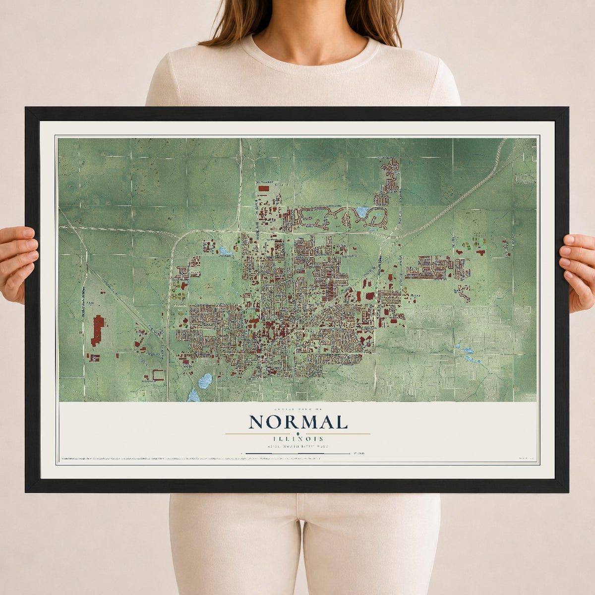 Map of Normal, Illinois, 18 x 24 inch print in a black wood frame