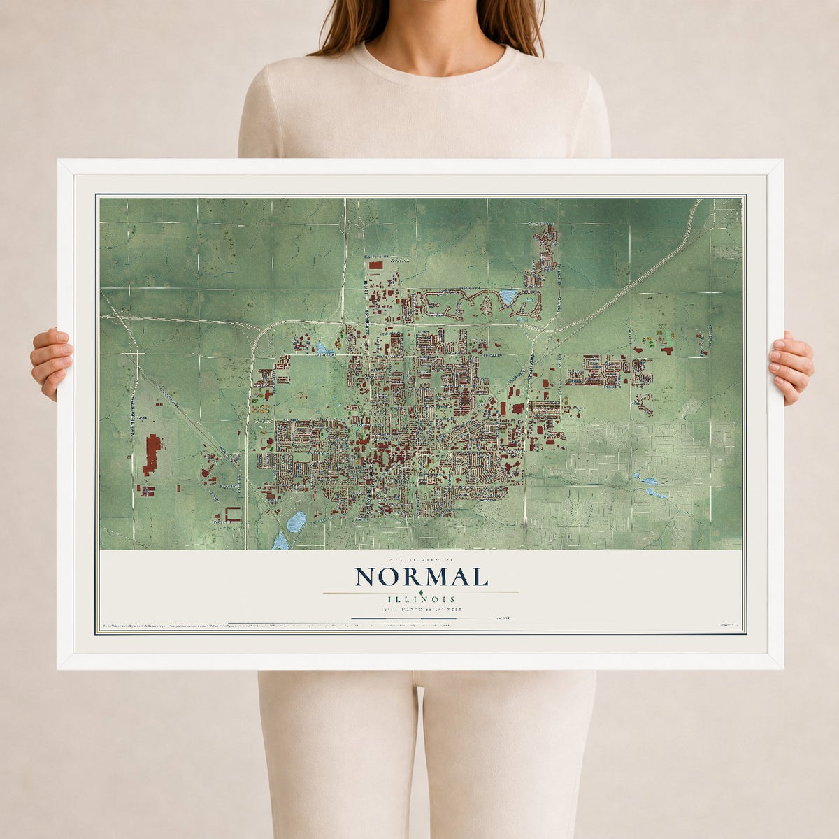 Map of Normal, Illinois, 24 x 36 inch print in a white wood frame