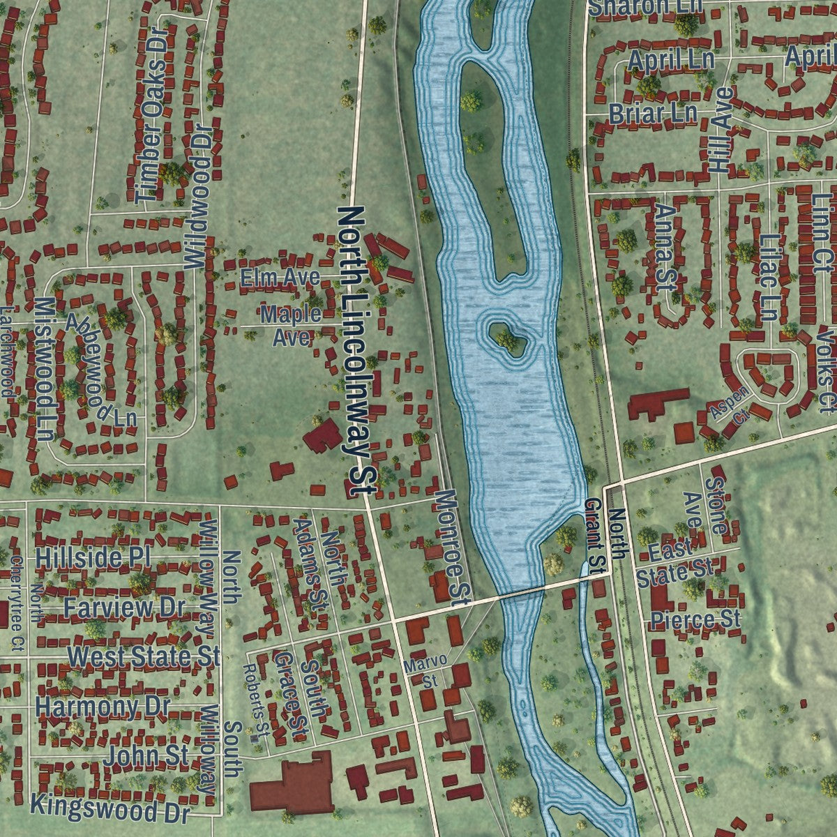 Close-up of the map of North Aurora, Illinois print showing street and building detail