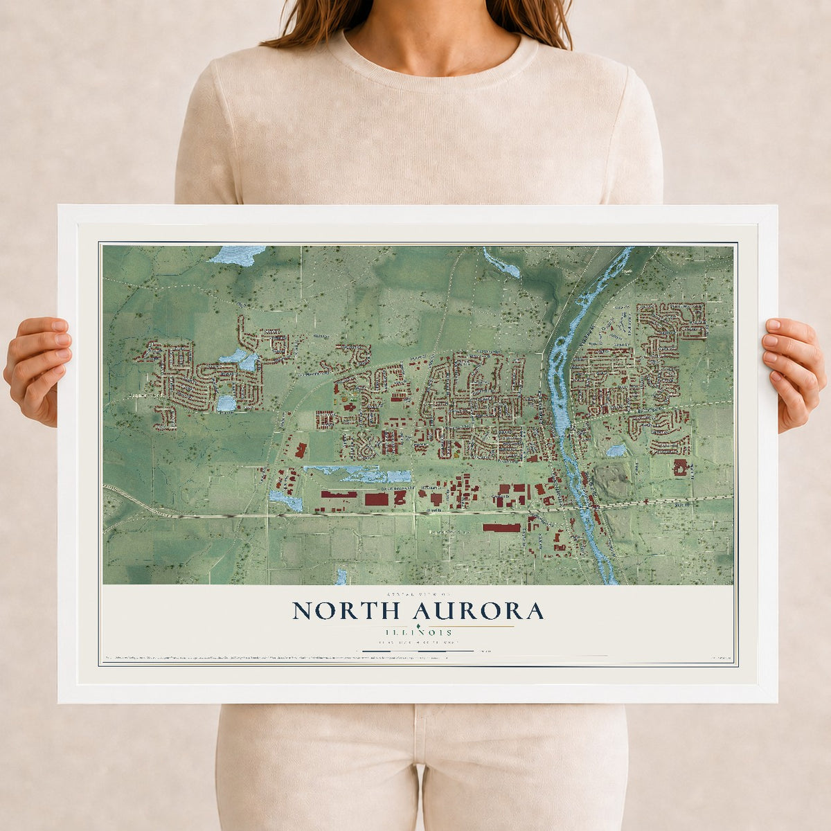 Map of North Aurora, Illinois, 12 x 18 inch print in a white wood frame