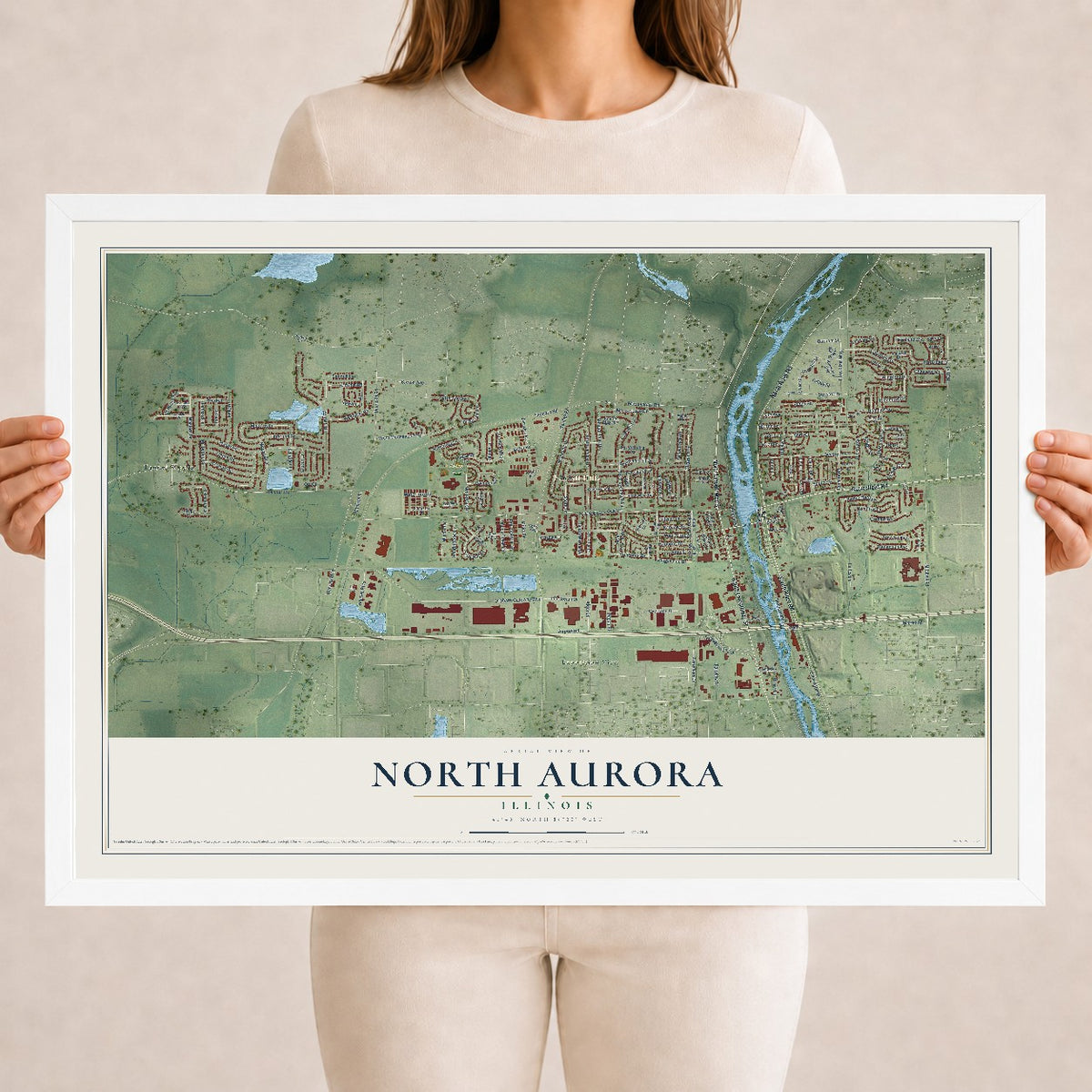 Map of North Aurora, Illinois, 18 x 24 inch print in a white wood frame