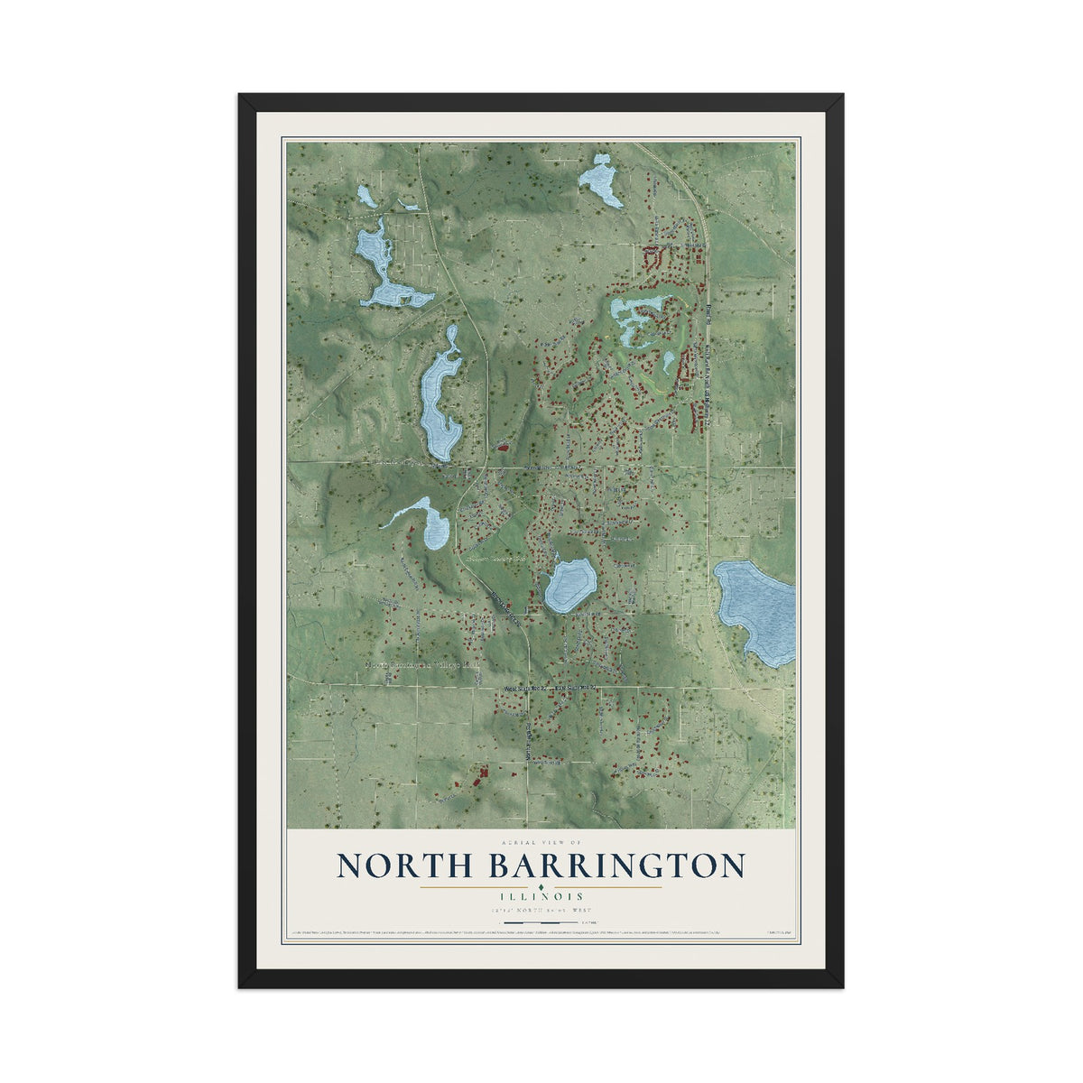 Map of North Barrington, Illinois, 12 x 18 inch print in a black wood frame