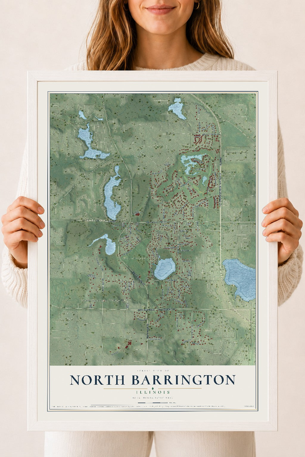 Map of North Barrington, Illinois, 18 x 24 inch print in a white wood frame