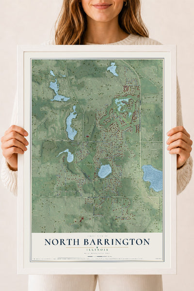 Map of North Barrington, Illinois, 18 x 24 inch print in a white wood frame