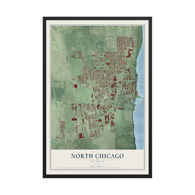 Map of North Chicago, Illinois, 12 x 18 inch print in a black wood frame