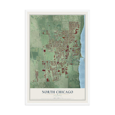Map of North Chicago, Illinois, 12 x 18 inch print in a white wood frame