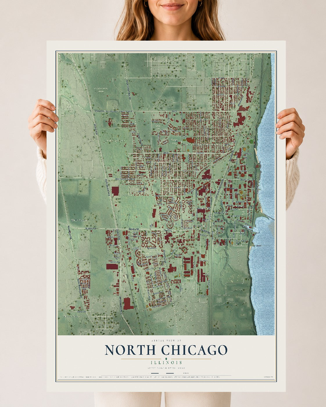 Map of North Chicago, Illinois, 24 x 36 inch unframed archival matte print