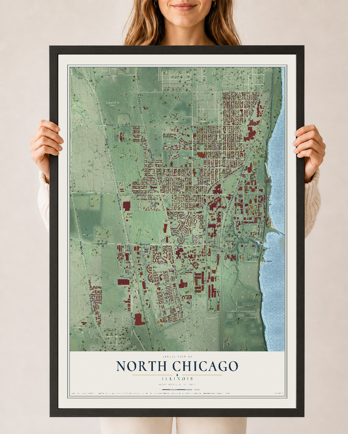 Map of North Chicago, Illinois, 24 x 36 inch print in a black wood frame