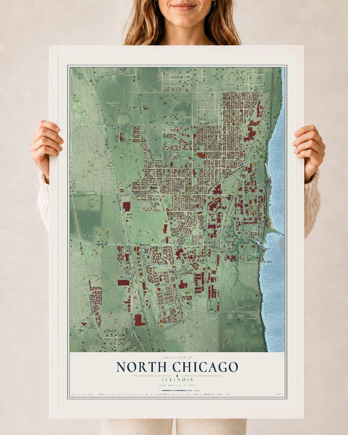 Map of North Chicago, Illinois, 24 x 36 inch print in a white wood frame