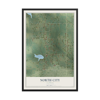 Map of North City, Illinois, 12 x 18 inch print in a black wood frame