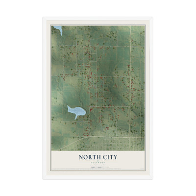 Map of North City, Illinois, 12 x 18 inch print in a white wood frame
