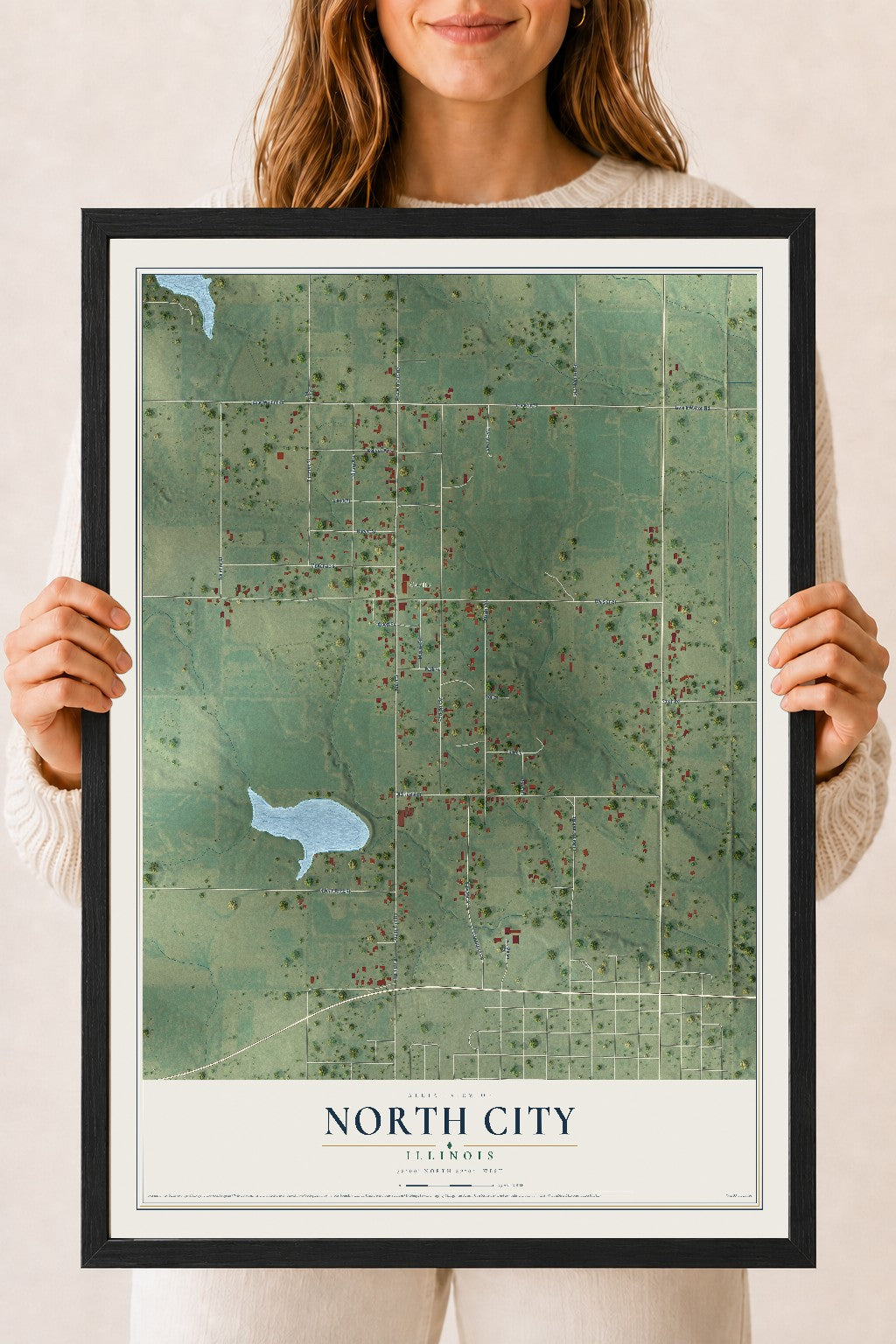 Map of North City, Illinois, 18 x 24 inch print in a black wood frame