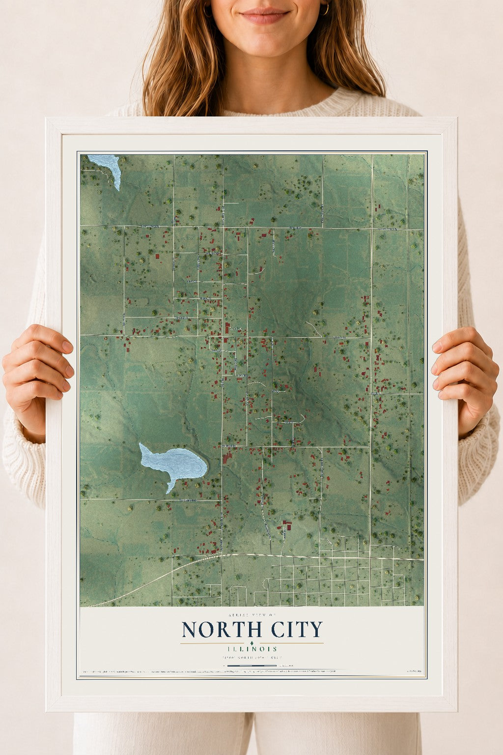 Map of North City, Illinois, 18 x 24 inch print in a white wood frame