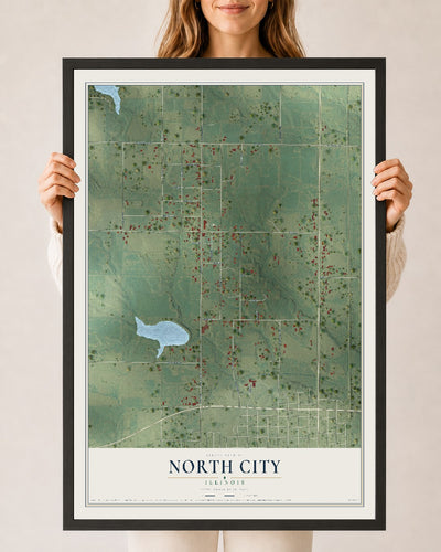 Map of North City, Illinois, 24 x 36 inch print in a black wood frame