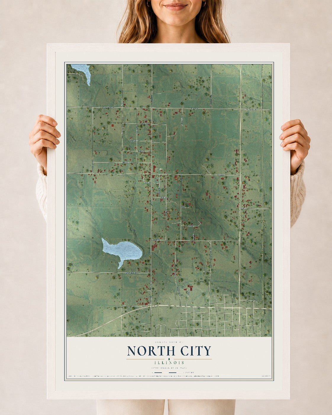 Map of North City, Illinois, 24 x 36 inch print in a white wood frame