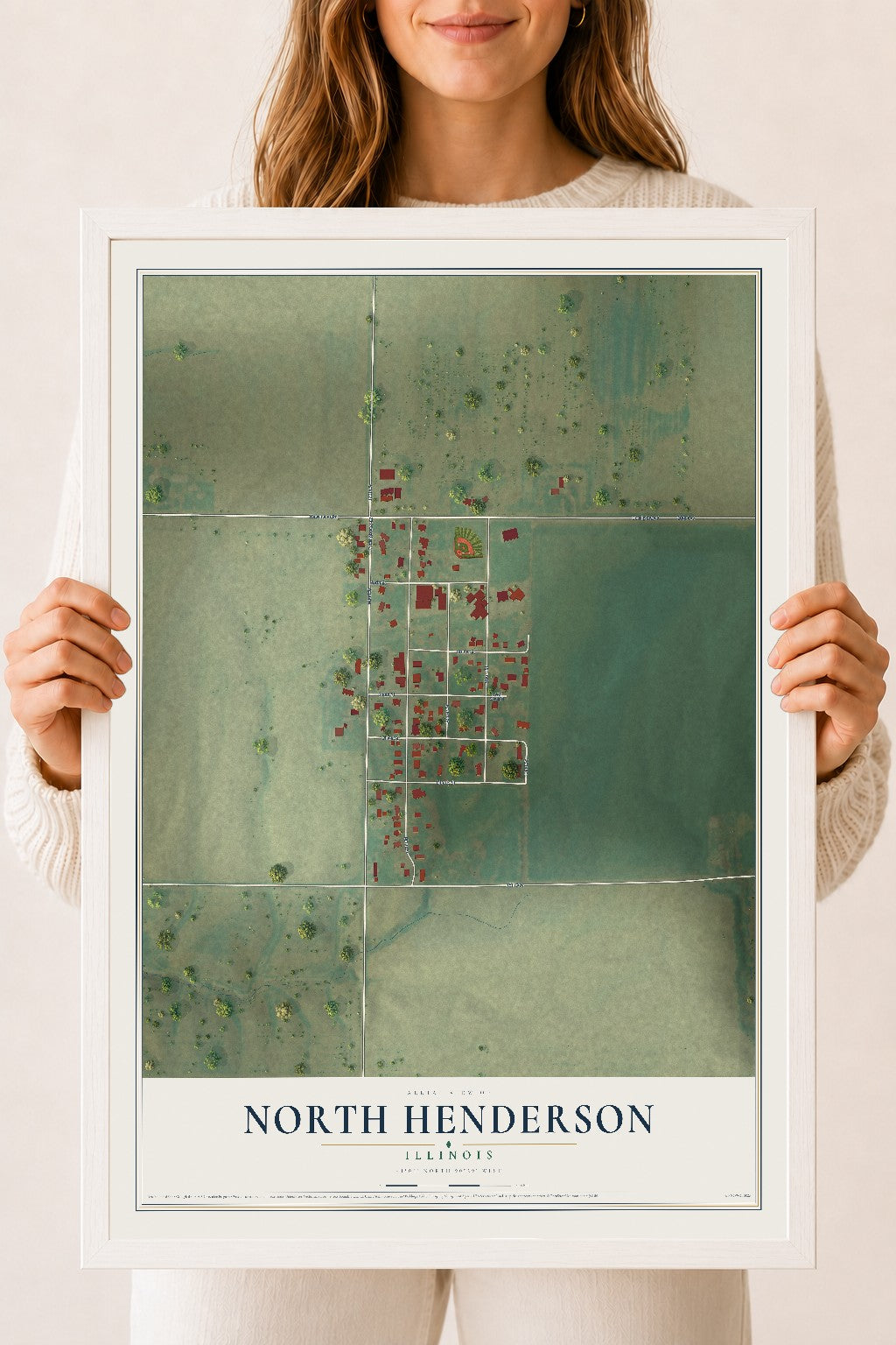 Map of North Henderson, Illinois, 18 x 24 inch print in a white wood frame