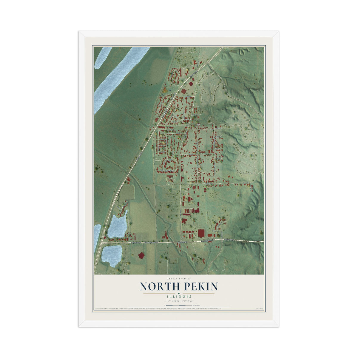 Map of North Pekin, Illinois, 12 x 18 inch print in a white wood frame