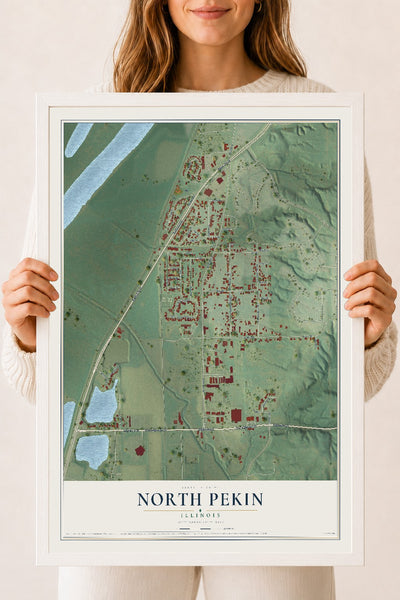 Map of North Pekin, Illinois, 18 x 24 inch print in a white wood frame