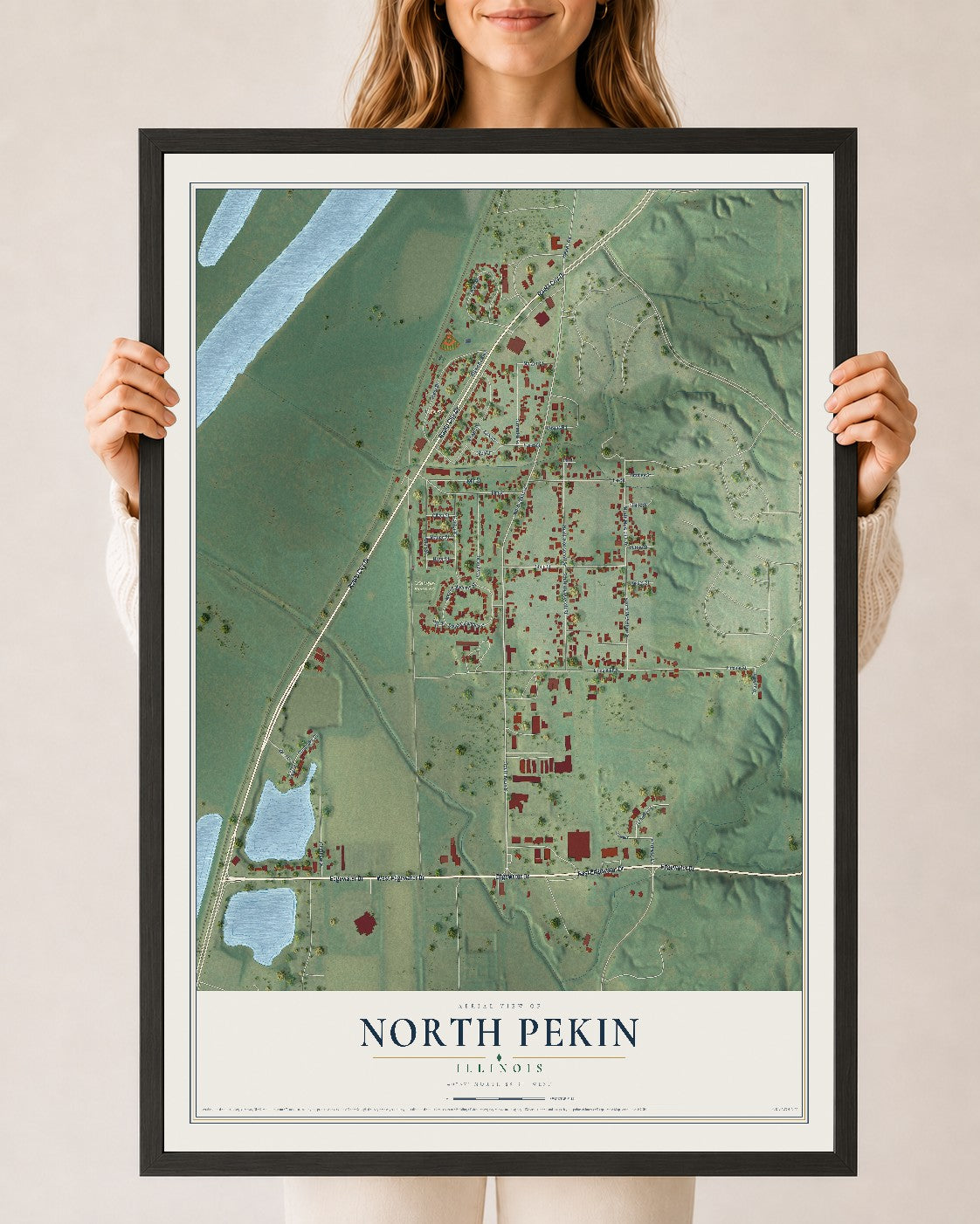 Map of North Pekin, Illinois, 24 x 36 inch print in a black wood frame